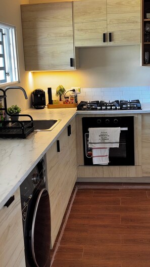 A modern kitchen with wooden cabinets, a built-in oven, a dishwasher, and a coffee machine. - Romantic and tropical apartment in the charming city of Puerto Plata (Puerto Plata)