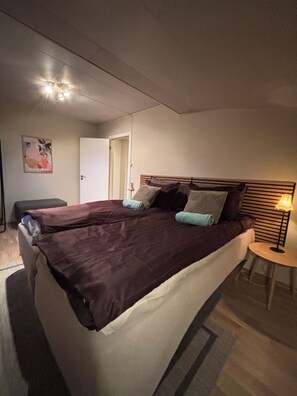 A bedroom with a bed, bedside table, lamp, and a door.
