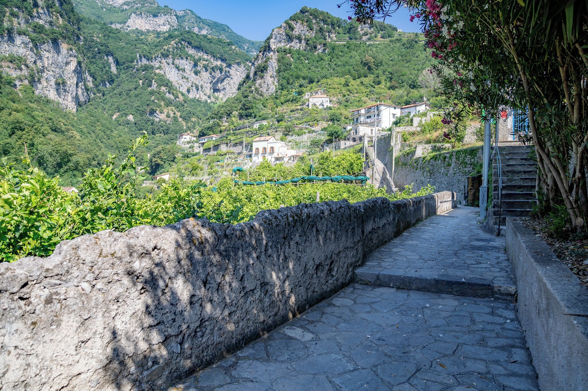 Un sendero de piedra que conduce a un pueblo en la ladera, con edificios y vegetación.