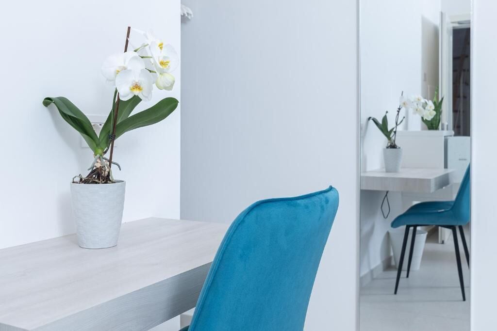 A modern dining area with a light-colored table, a blue chair, and white orchids in a pot.