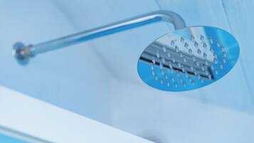 A showerhead with a curved design and a single handle.
