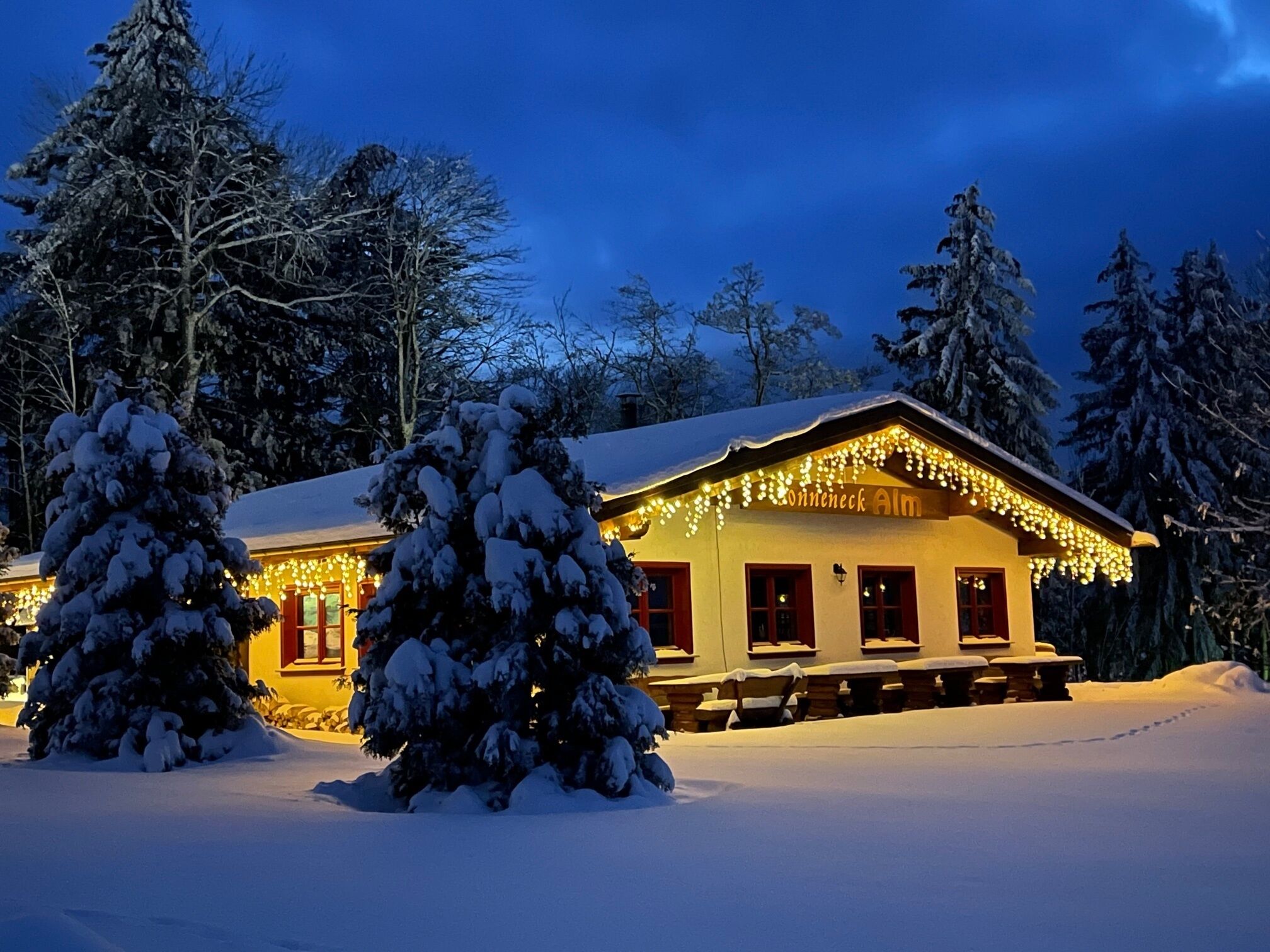 A snow-covered lodge with a wooden exterior and a sign reading "Innneck Alm".