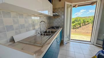 Full-size fridge, oven, stovetop, dishwasher