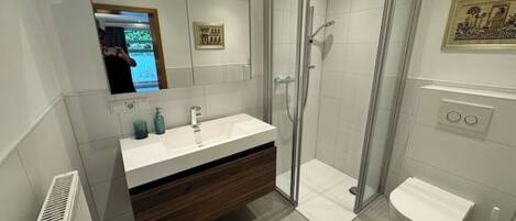 Shower, towels, toilet paper