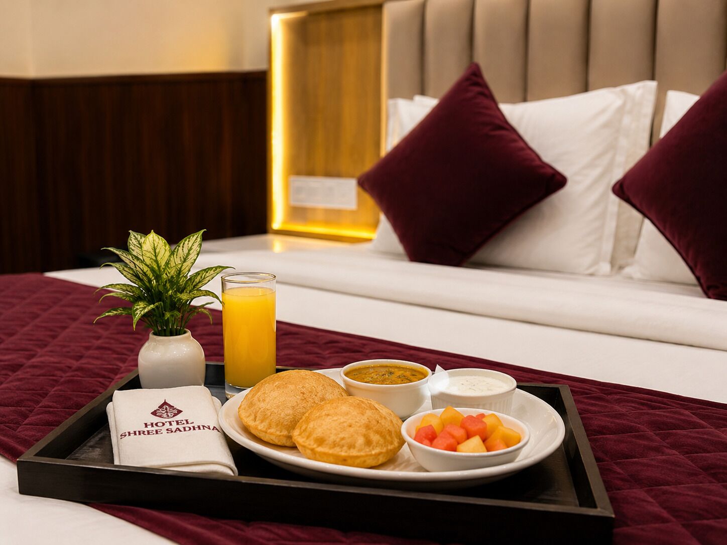 A hotel room with a neatly made breakfast tray on the bed, including a plant, a glass of orange juice, two pastries, a bowl of fruit, and two small bowls of soup and yogurt.