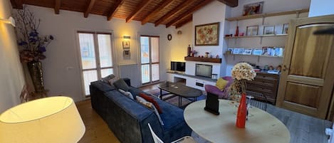 Televisión, chimenea y libros