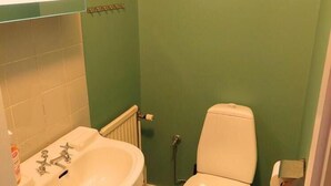 A small bathroom with a white sink, toilet, and green walls. - Brevensgården (Brevens Bruk)