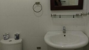 A bathroom with a toilet, sink, and a mirror. - pavona lake hotel (Sigiriya)