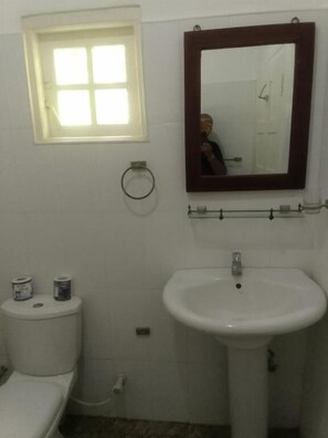 Standaard tweepersoonskamer, uitzicht op tuin | Badkamer