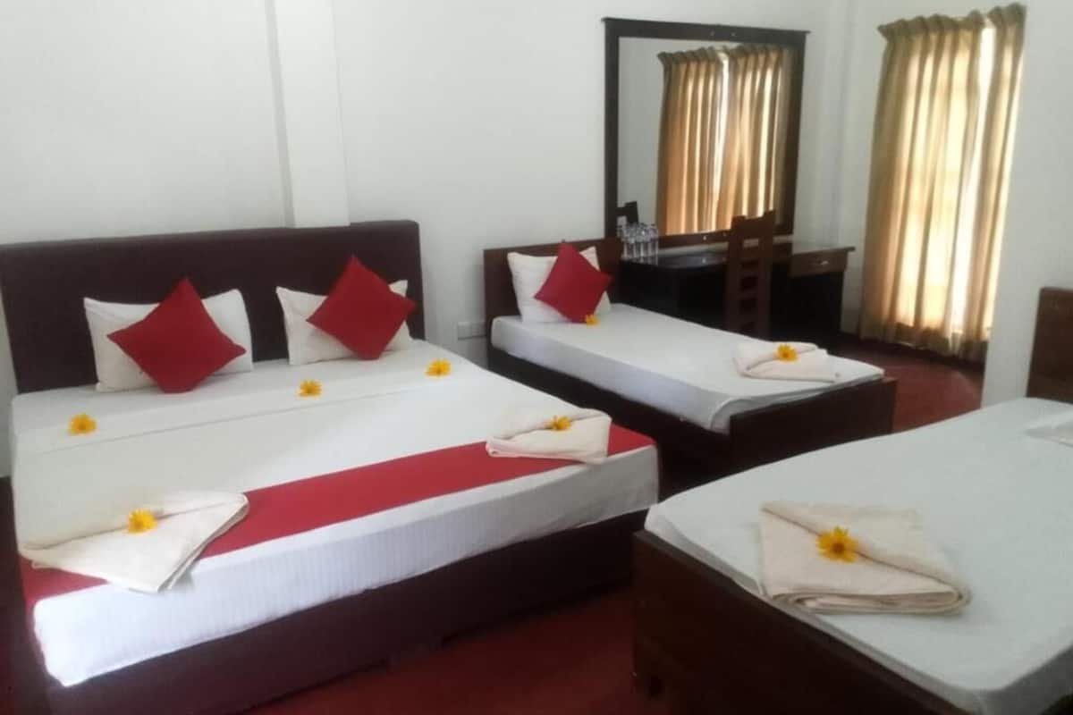 Habitación de hotel con dos camas individuales, un escritorio y un espejo.