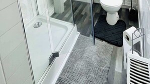 Une salle de bain moderne avec une douche à parois de verre, un lavabo blanc et des toilettes.