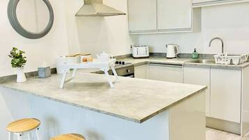 Fridge, microwave, oven, toaster