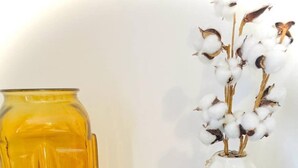 A table with a large amber glass vase, a smaller amber jar, and a white vase with cotton branches. - Cozy Room in Fratton: Featuring Hot Tub, Kitchen & Free WiFi (Fratton)