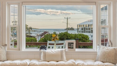 Tugboats at the Window: Direct Harbor-View King, Greenleaf Inn, Boothbay Harbor