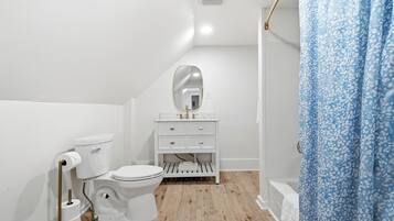 Hair dryer, towels, soap, shampoo