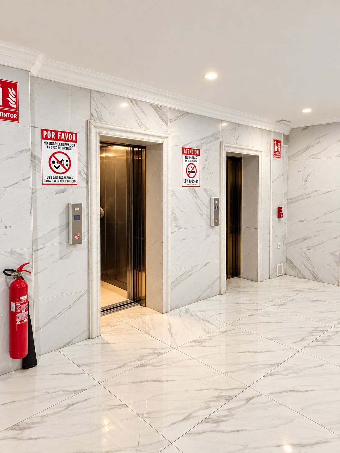 Un área de ascensor moderna con paredes y suelos de mármol, equipada con señalización de emergencia y equipo contra incendios.