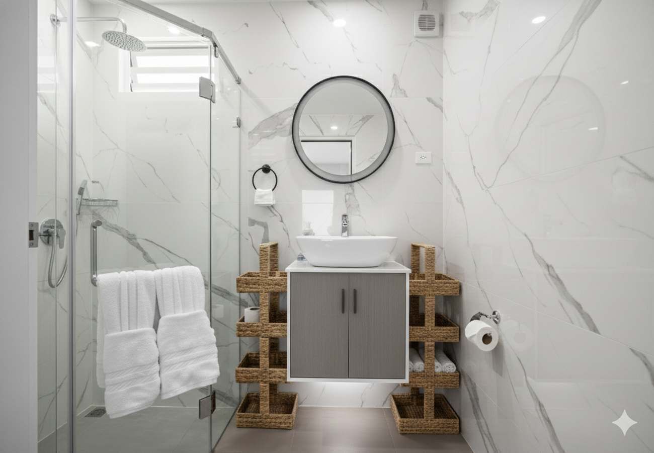 Chuveiro, secador de cabelo, toalhas de banho, shampoo