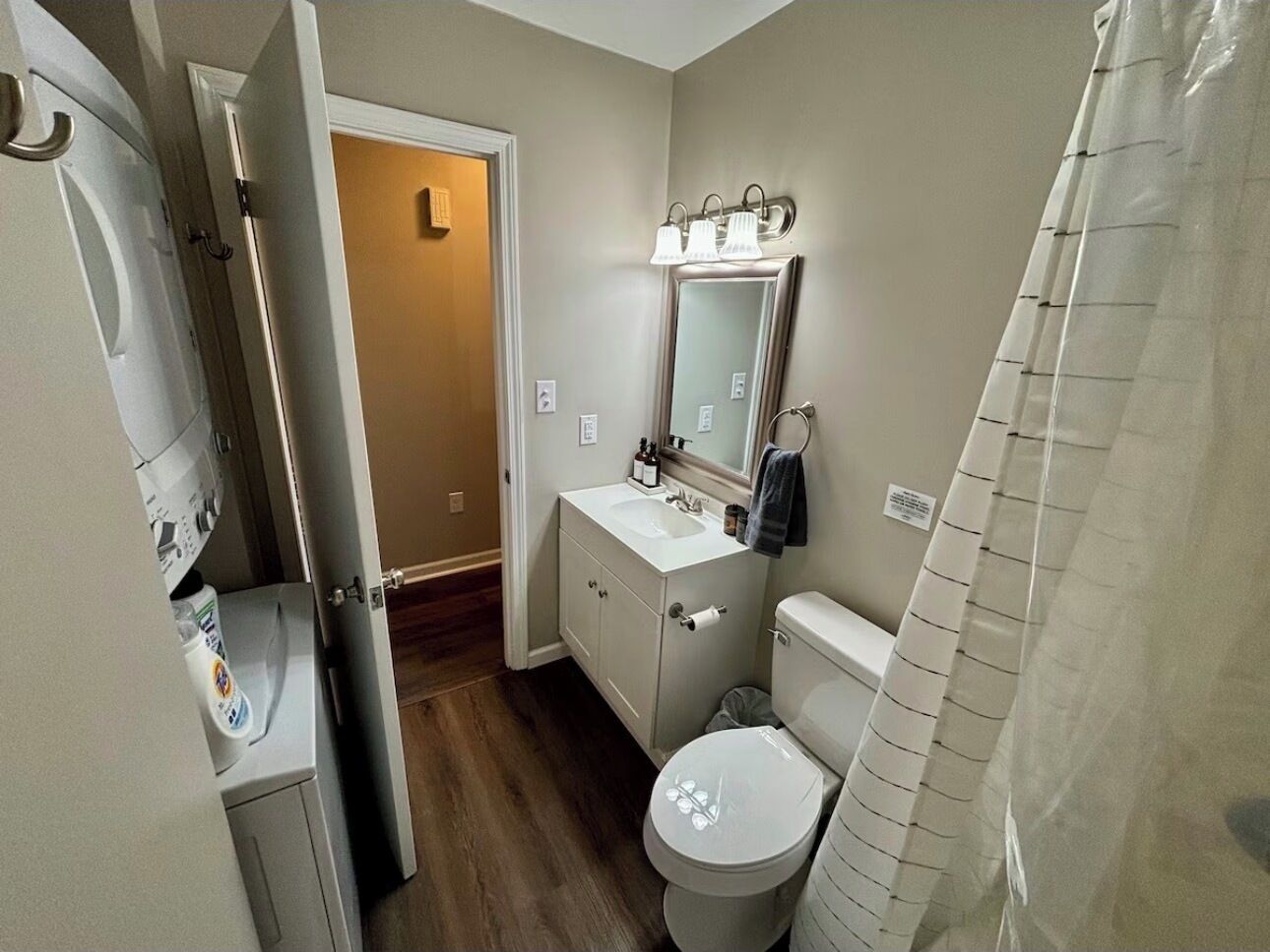 Hair dryer, towels, soap, toilet paper
