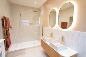 Shower, towels, toilet paper