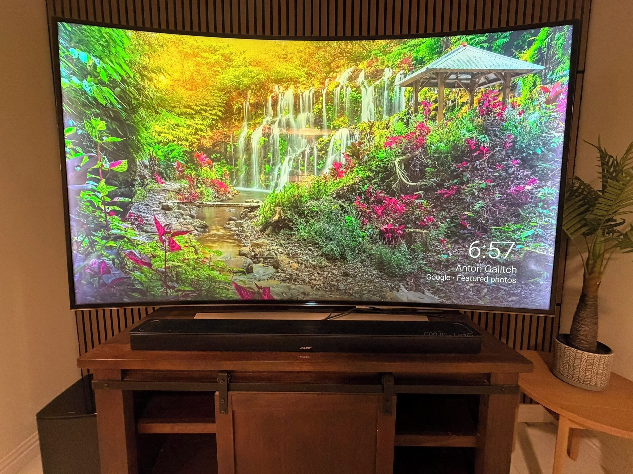 A flat-screen TV mounted on a wooden stand with a garden scene displayed on the screen.