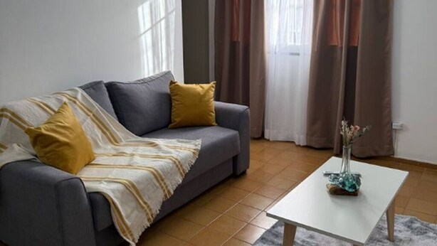 A living room with a grey sofa, yellow cushions, a white coffee table, and a vase with flowers. - Apartment in the heart of downtown Mendoza. (Mendoza)