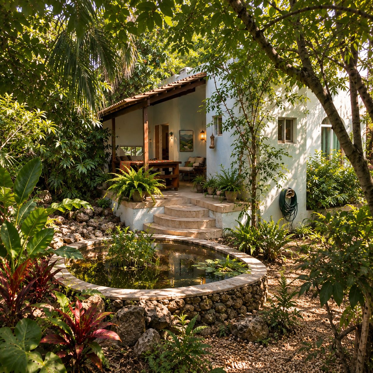 A house with a stone pathway leading to a wooden deck, surrounded by lush greenery and a small pond.