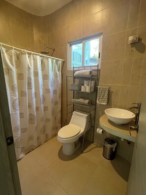 Hair dryer, towels, soap, toilet paper
