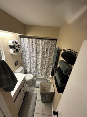 Toalhas de banho, sabonete, shampoo, papel higiênico