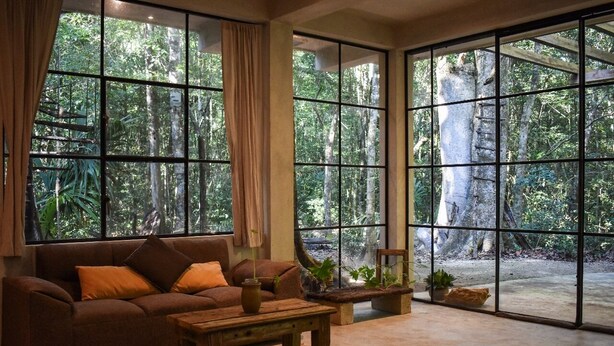 A spacious room with large windows, a brown sofa, a wooden table, and potted plants. - Beautiful House in the Heart of the Jungle - Yaáxnik (Tulum)