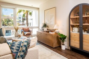 TV, fireplace, table football - Bright 1BR w Pool & Fitness Center in Runway Playa Vista (Playa Vista)