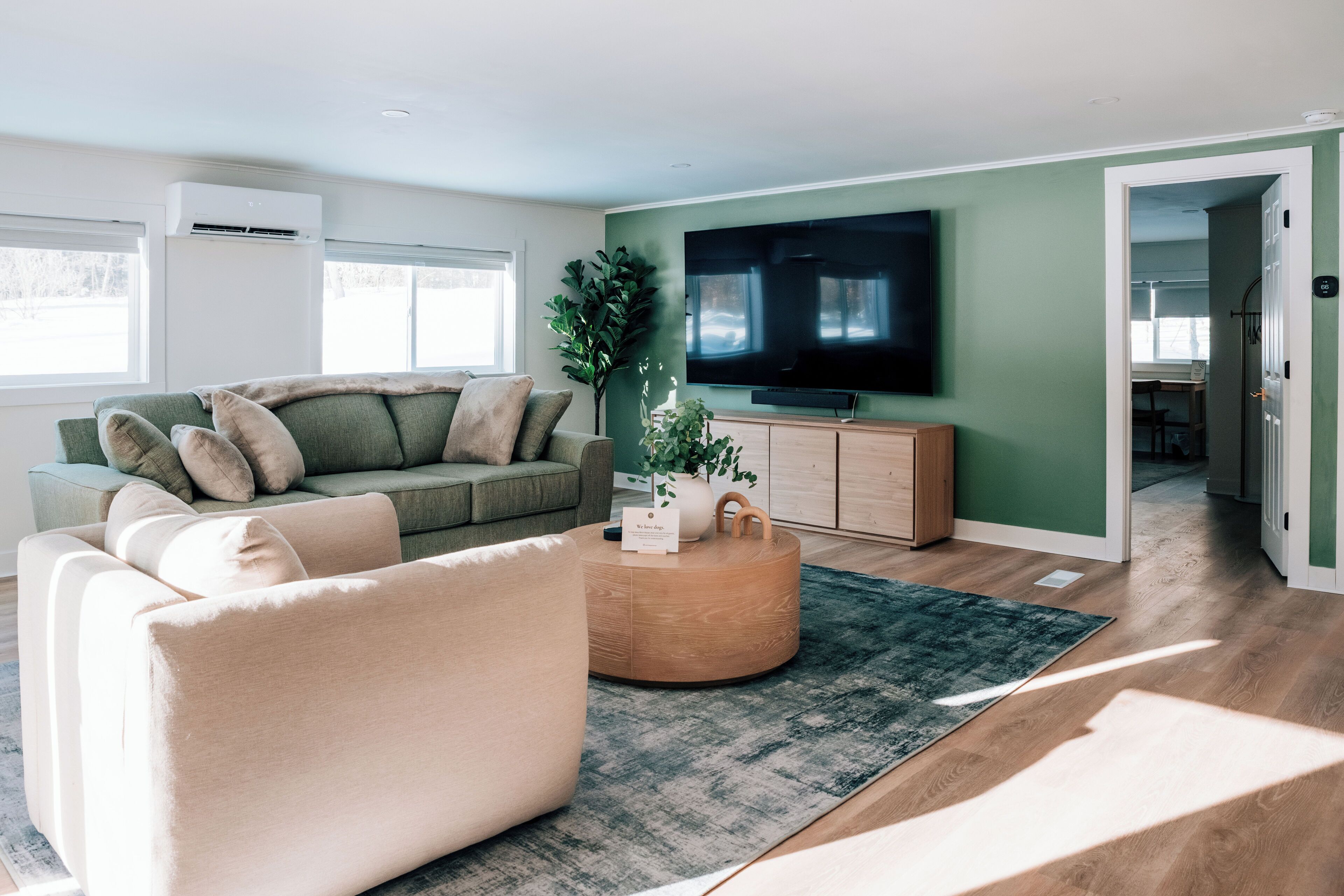 Een smart-tv, een open haard, boeken en een stereo