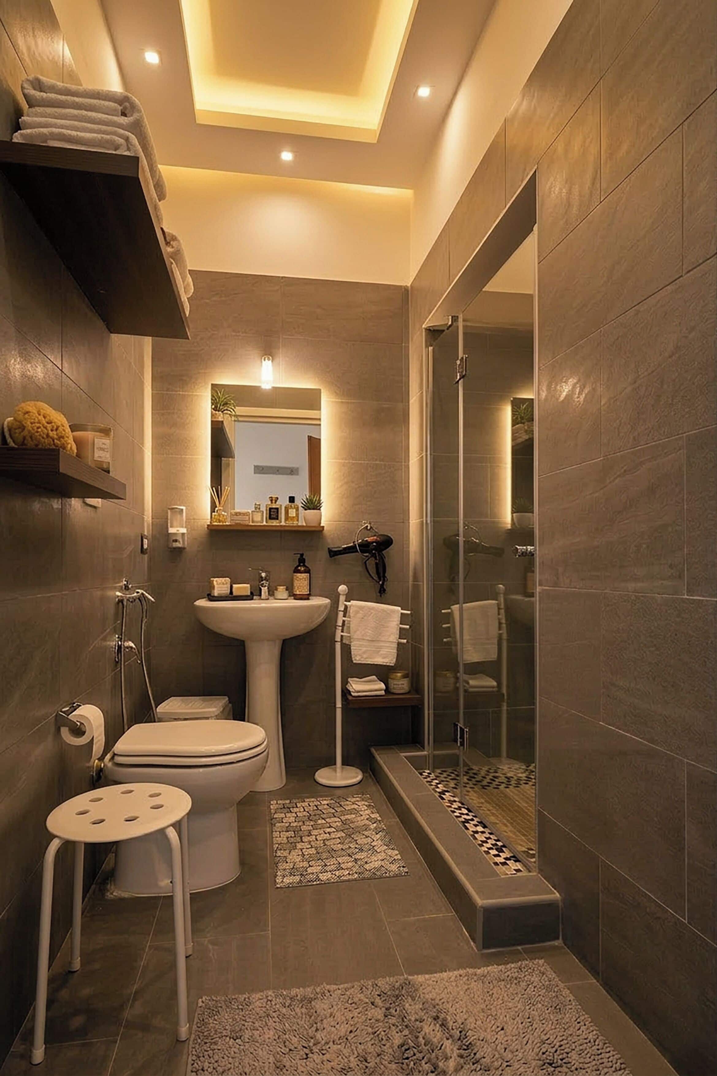 A modern bathroom with a pedestal sink, toilet, and a walk-in shower.