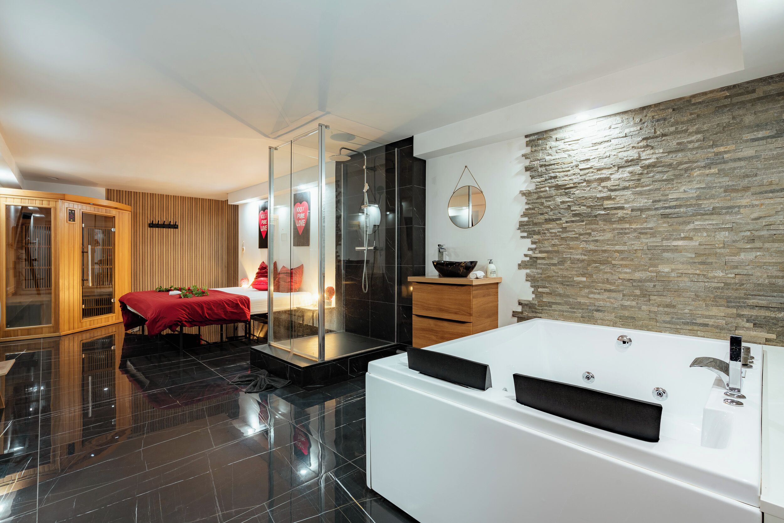 Shower, jetted bath, hair dryer, soap