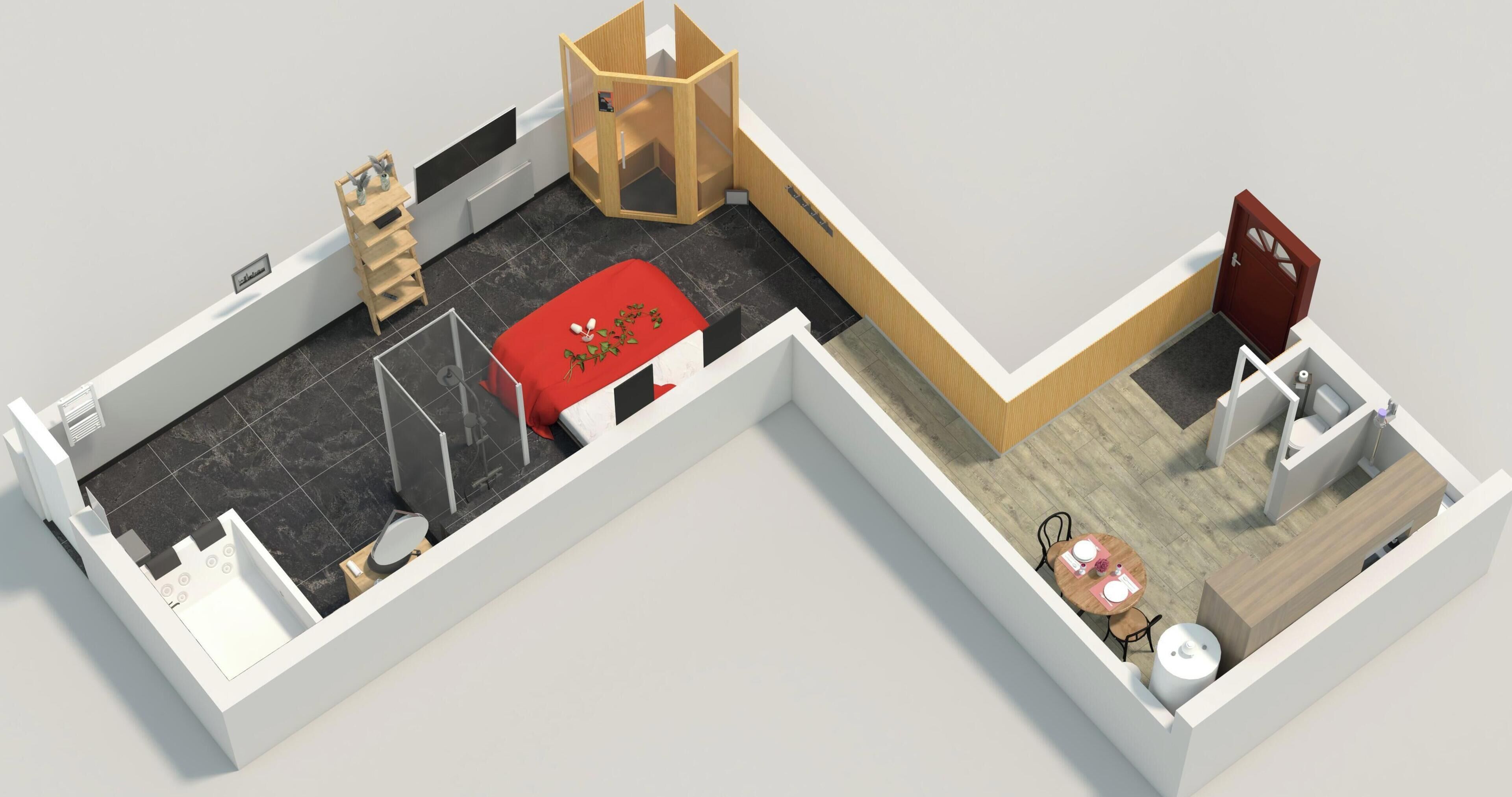 Ein 3D-Modell eines Hotelzimmers mit einem roten Bett, einem Holzschrank, einem kleinen Tisch mit Stühlen, einer roten Tür und einem weißen Waschbecken.