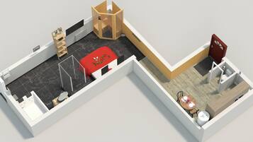 Ein 3D-Modell eines Hotelzimmers mit einem roten Bett, einem Holzschrank, einem kleinen Tisch mit Stühlen, einer roten Tür und einem weißen Waschbecken.