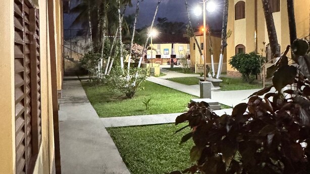 Un sendero conduce a un edificio de fachada amarilla, rodeado de palmeras y un césped cuidado.