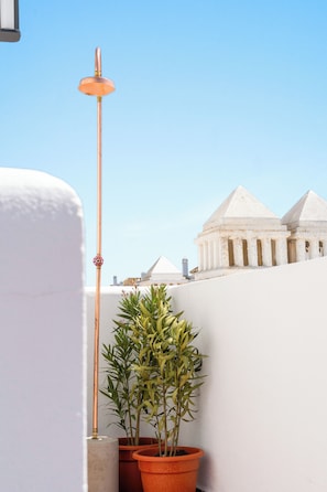 Un toit-terrasse avec un grand mât, des plantes en pot et, en arrière-plan, un bâtiment blanc surmonté d’un dôme.