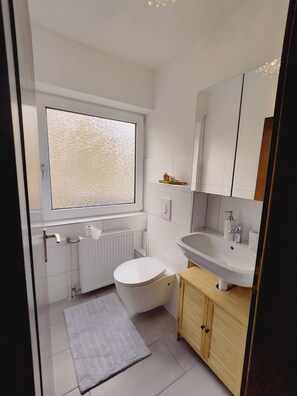 Dusche, Haartrockner, Handtücher, Seife