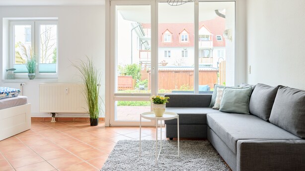 Un salon moderne avec un canapé gris, une petite table blanche et une plante en pot.