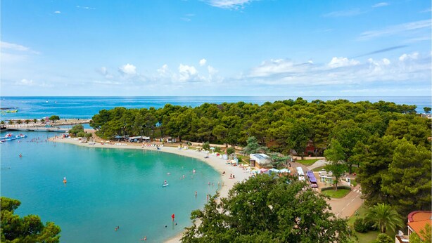 Una zona costiera con spiaggia sabbiosa, acque blu cristalline e alberi verdi rigogliosi.