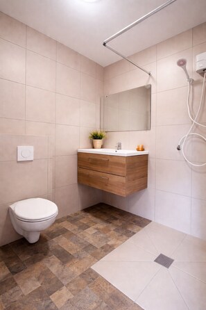 Dusj, hårføner, håndklær og toalettpapir