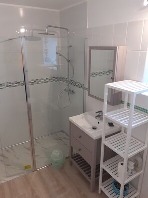 Shower, hair dryer, towels, toilet paper