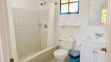A bathroom with a shower, toilet, sink, and a window.