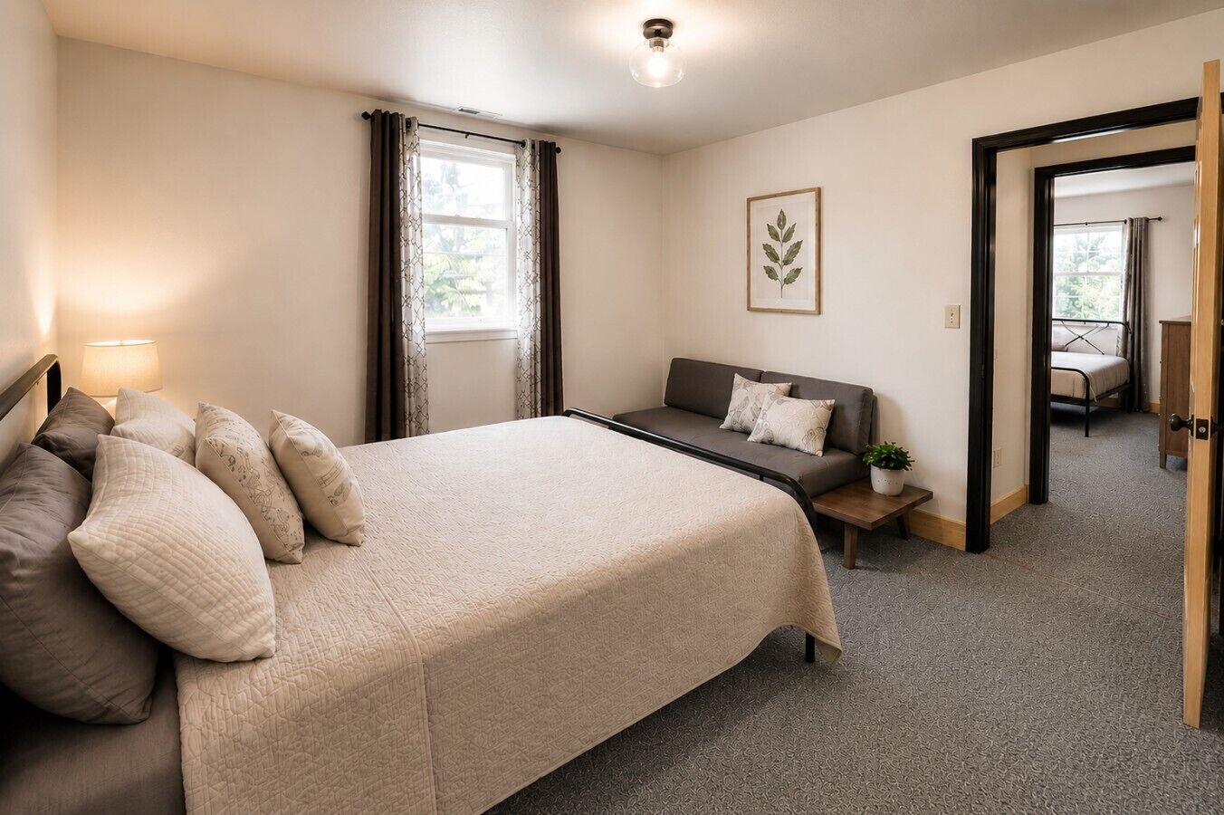 Een slaapkamer met een bed, een slaapbank, een klein tafeltje met een plant, een kunstwerk van een blad in een lijst, en een deur naar een andere kamer.
