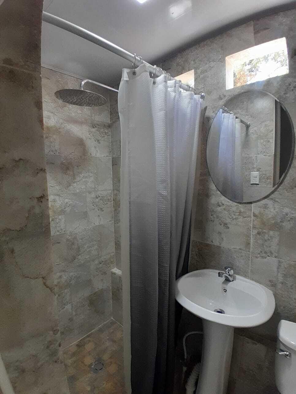 Een badkamer met een douche, een wastafel en een spiegel.