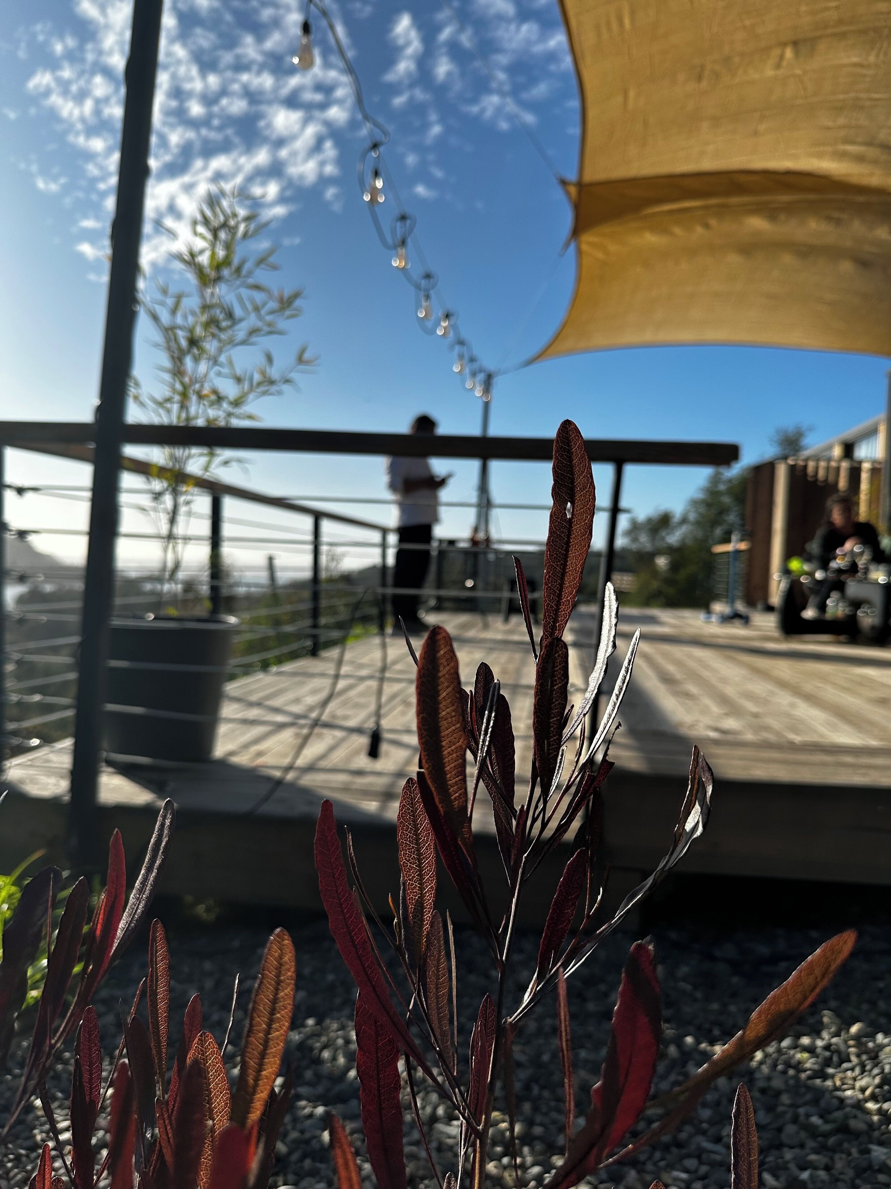 Een terras met een balustrade, een persoon die loopt en een voertuig op de achtergrond.