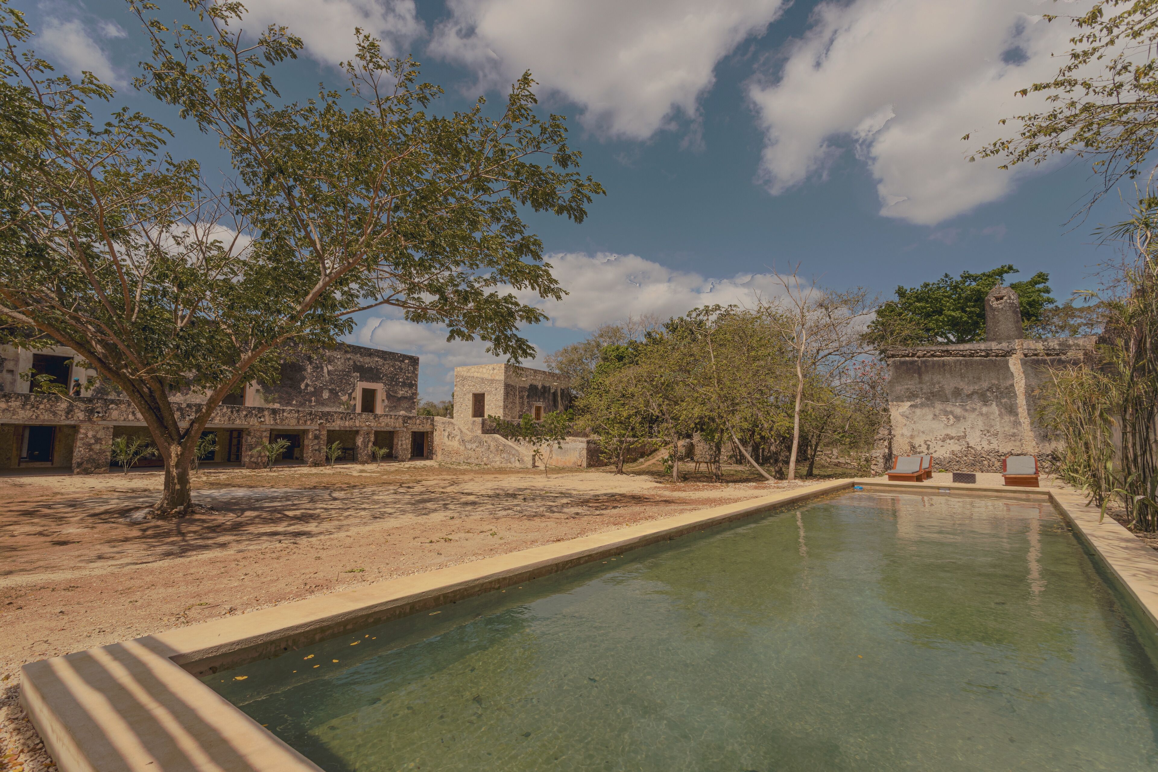 Alberca al aire libre y camastros 