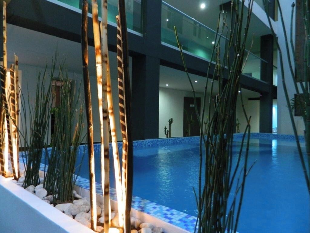 An indoor swimming pool with a tiled edge, surrounded by tall plants and a modern building in the background.