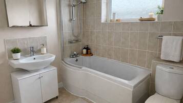 Hair dryer, towels, toilet paper