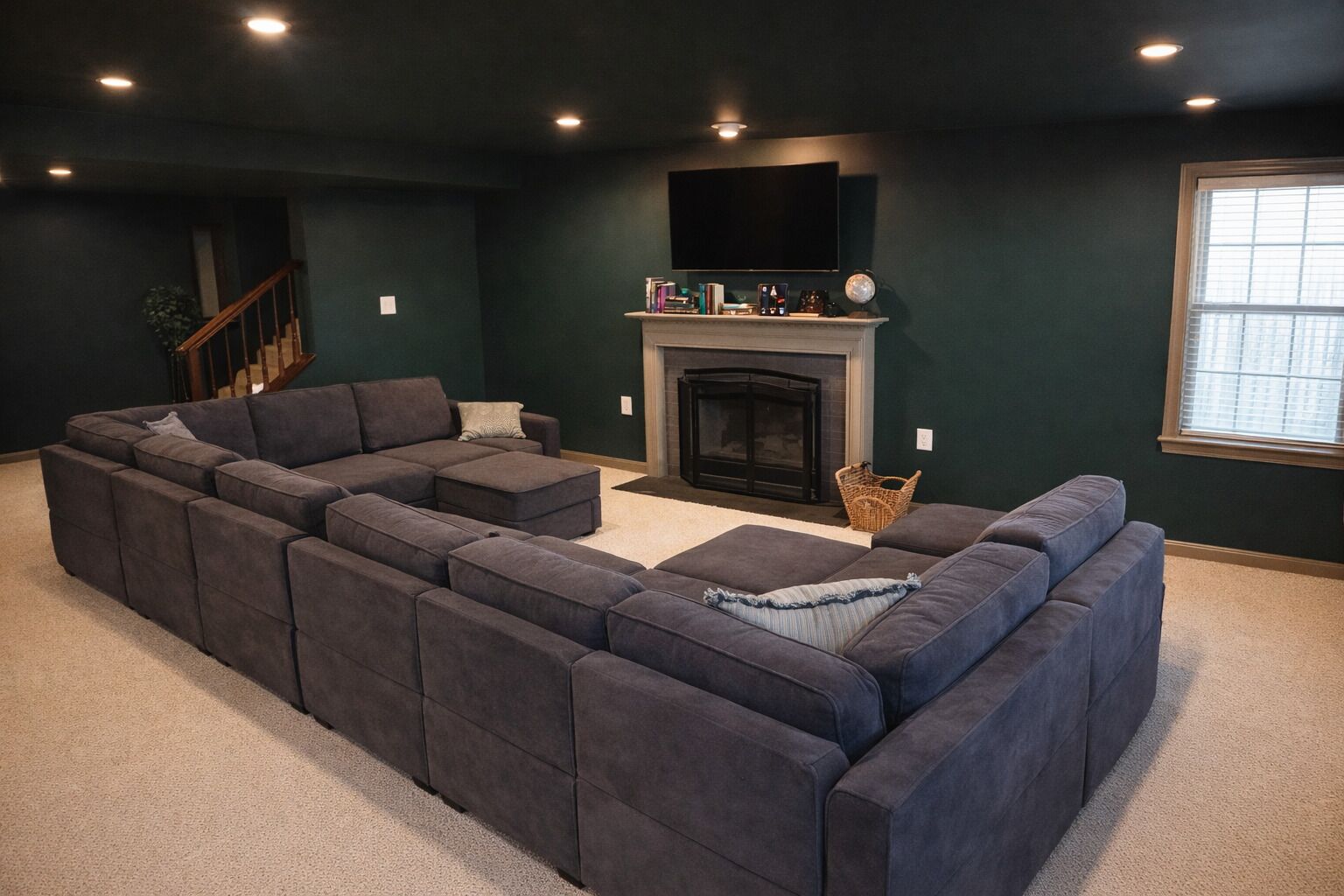 Smart TV, fireplace, books